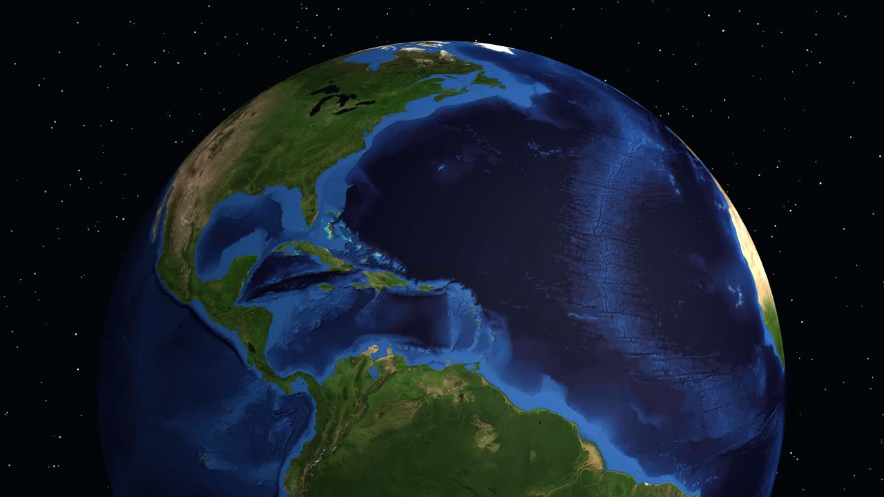 Un globo digitale ruota e zooma su Miami, Florida, con un segnaposto a spillo rosso.