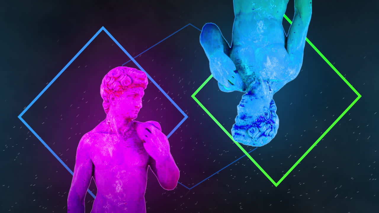 Glitch effect animation over neon-colored statues and geometric shapes