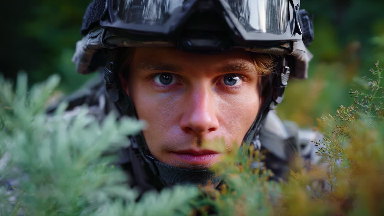 Primo piano di un militare in un ambiente mimetico, che mette in risalto la determinazione e la concentrazione nella natura in una posizione furtiva