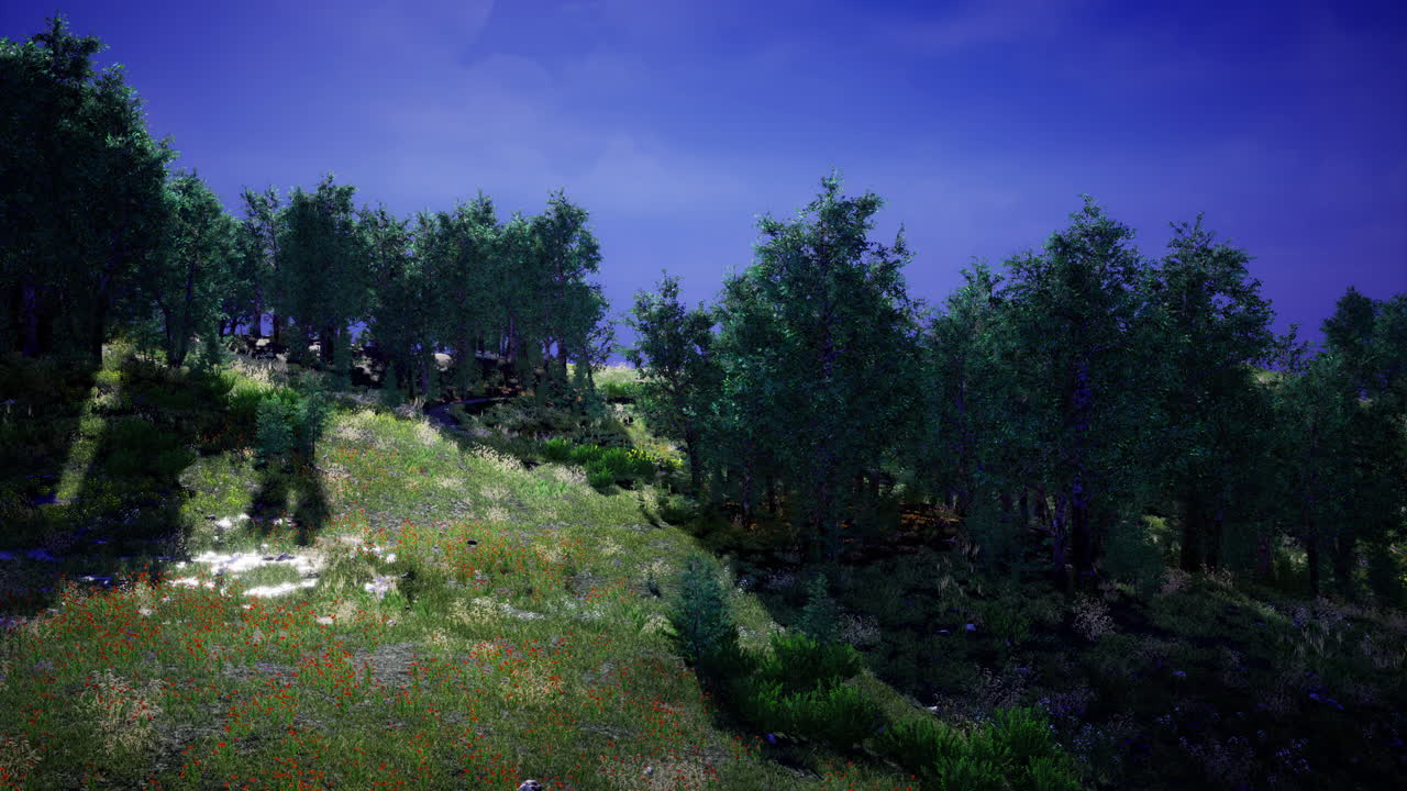 Lush green hillside under a vibrant blue sky at serene dusk