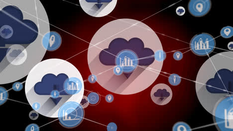 Animation-Eines-Verbindungsnetzwerks-über-Wolken-Auf-Schwarzem-Und-Rotem-Hintergrund