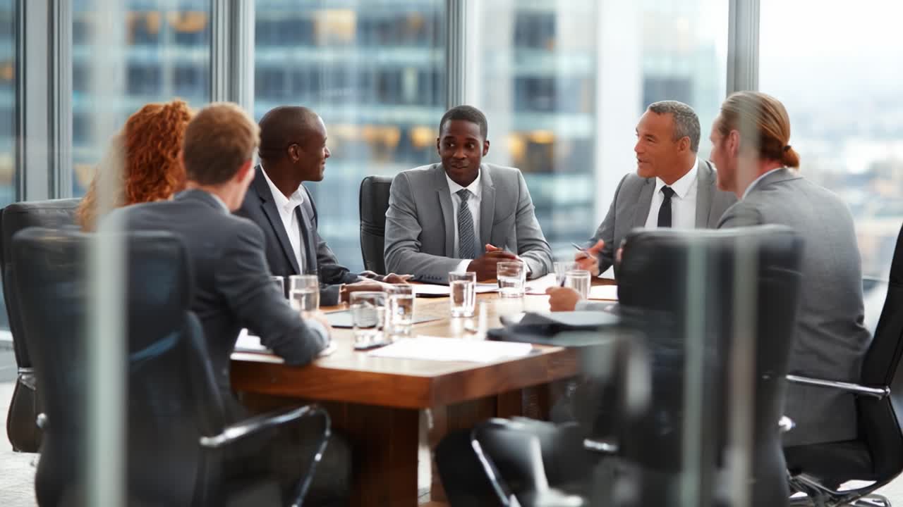 A Professional Business Meeting: Engaged Discussion Among a Diverse Group of Leaders in a Modern Conference Room with City Views