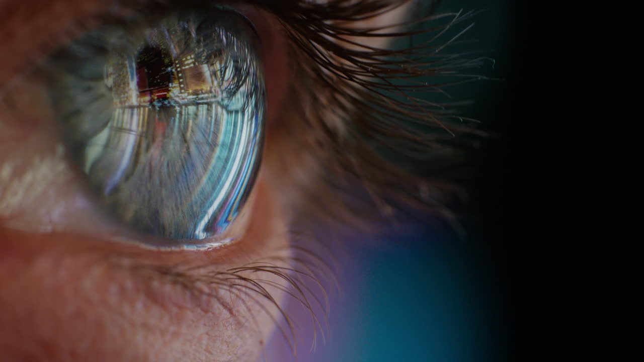 cerrar el ojo macro abriendo las luces de la ciudad reflejándose en el iris mirando el hermoso horizonte urbano por la noche