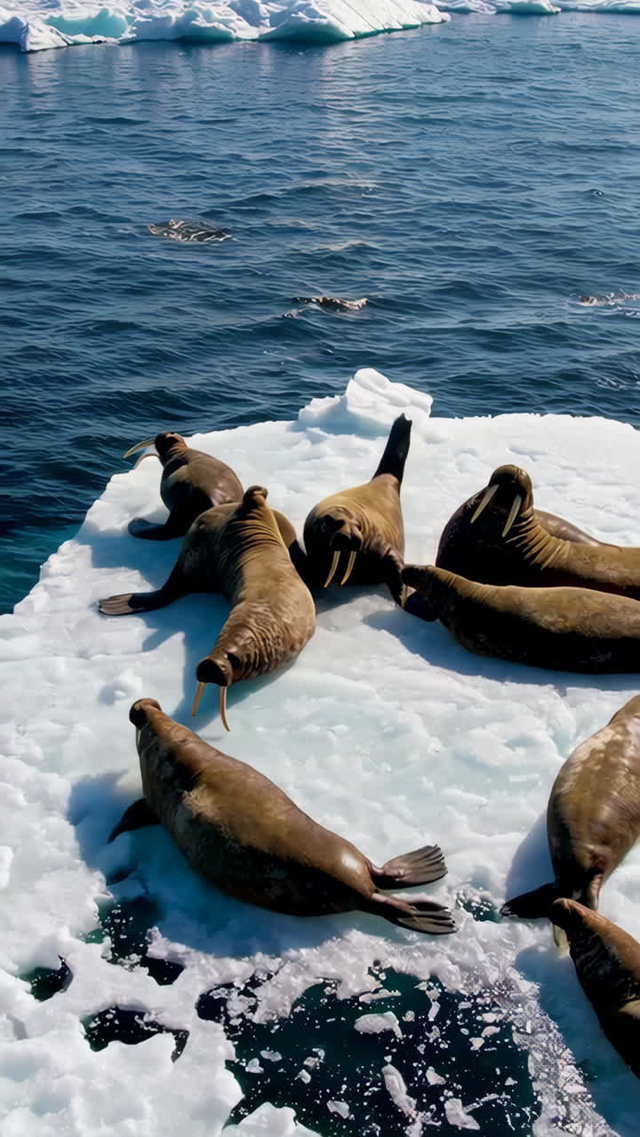 Walruses resting on an ice floe in Antarctica