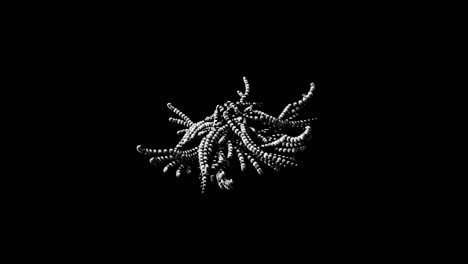 pequeños círculos de plata abstractos reunidos en la extraña figura en movimiento con tentáculos. animación. forma 3d que se asemeja a un pulpo aislado en fondo negro, bucle sin costuras