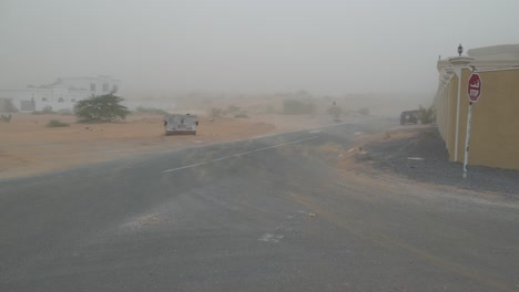 dust storm in the middle east blows sand across the road of a rural area in the united arab emirates.