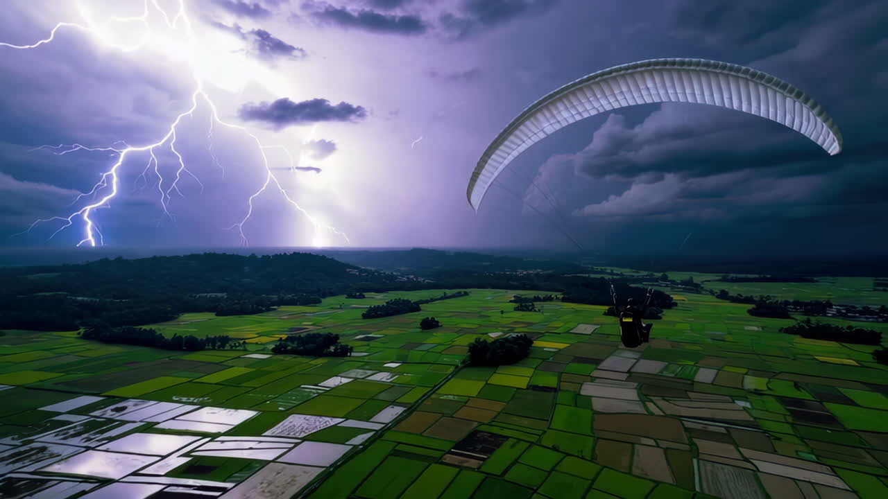 Parapendio in un paesaggio tempestoso