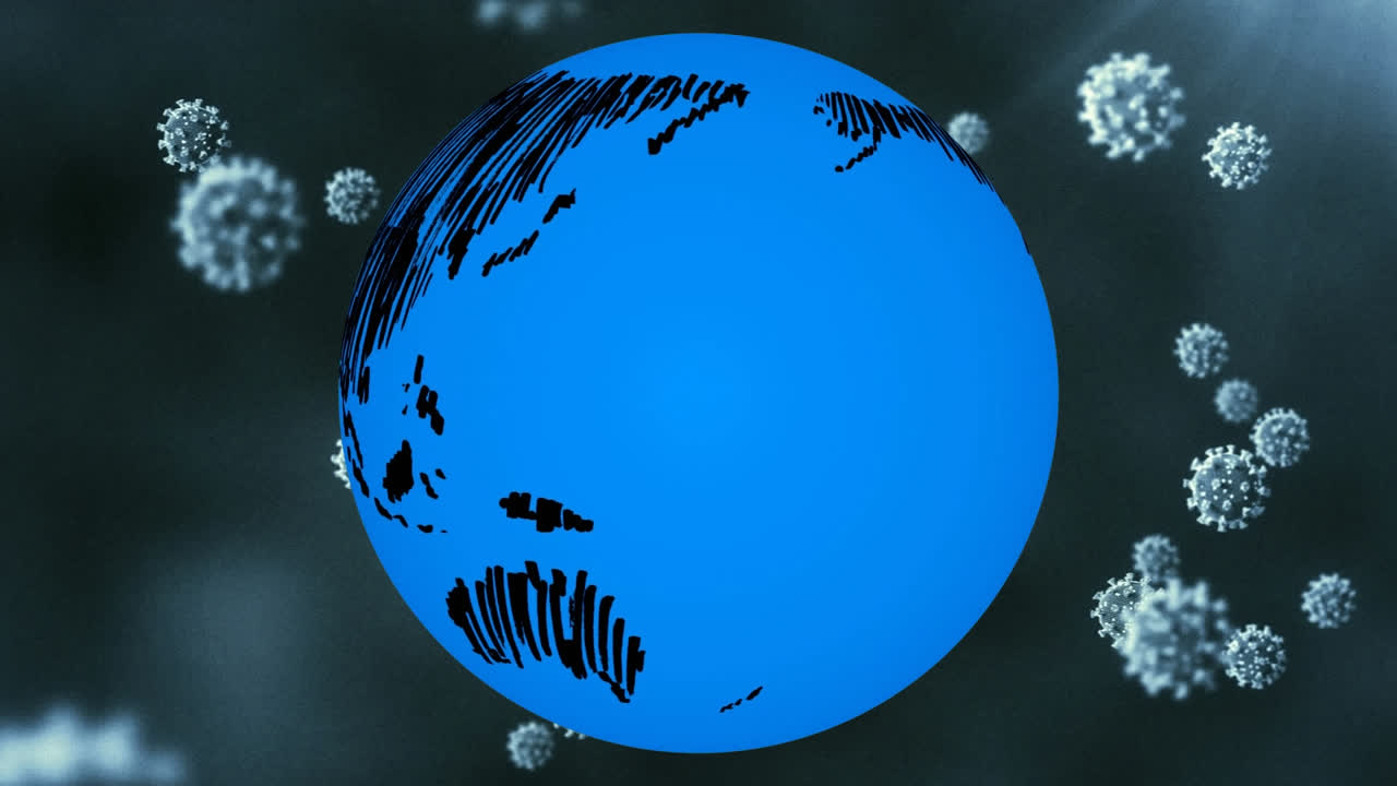 Animation de cellules Covid-19 en chute sur un globe terrestre en rotation sur fond sombre