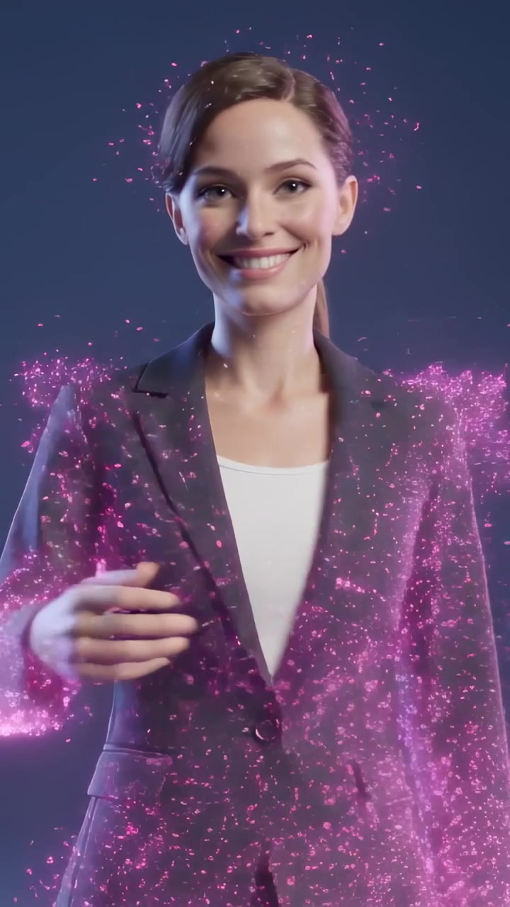 Video verticale: Particelle che si agitano formando un contorno per rivelare una donna sorridente in studio, che indossa un blazer.