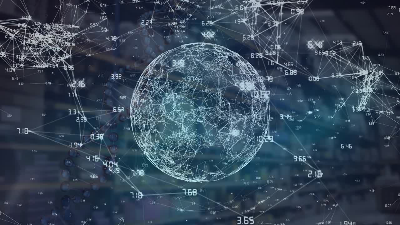 Animation of network of connections and globe over warehouse