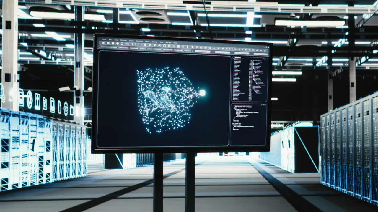 Data Center Ai Technology On Monitor Overseeing Equipment Rigs, Vfx Compositing