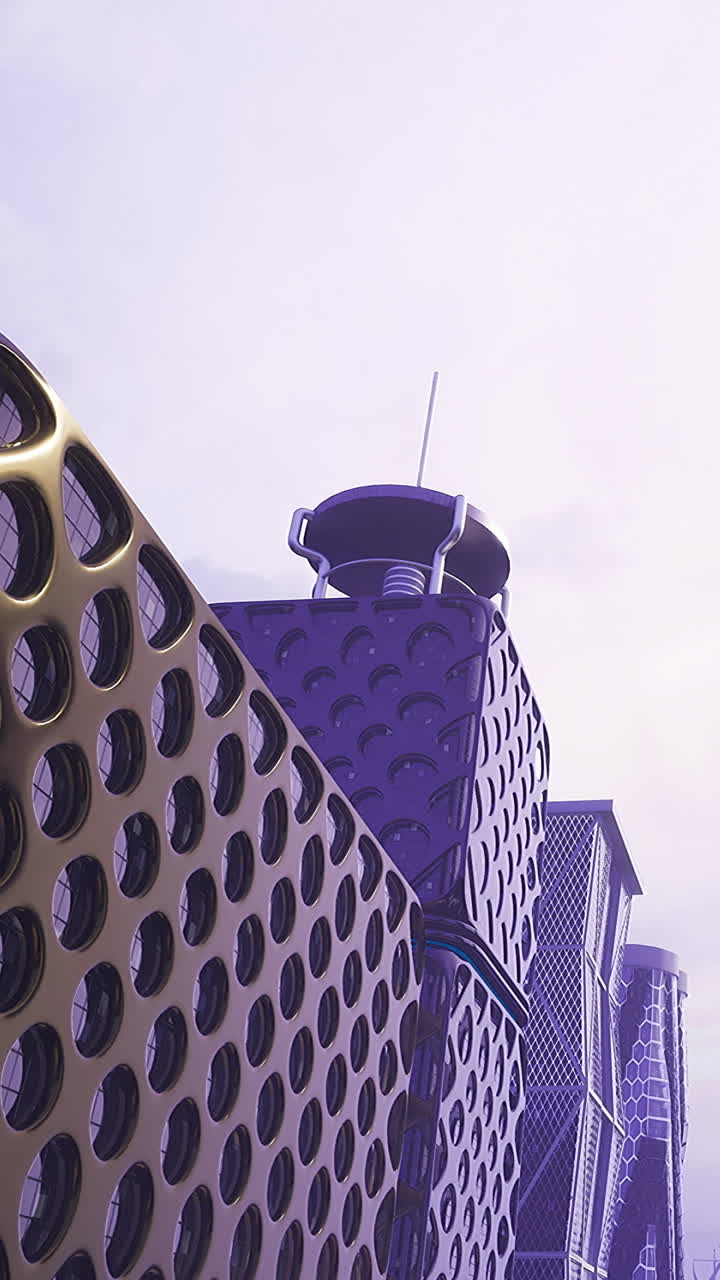Design interessante de edifícios modernos em tons de roxo durante o dia.