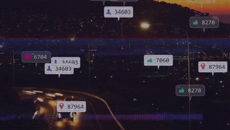 Animation-of-social-media-icons-and-numbers-over-cityscape-on-screen-with-glitch-lines