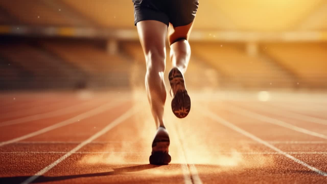Low-angle shot of a runner's legs on a track, capturing motion and energy, with a cinematic video