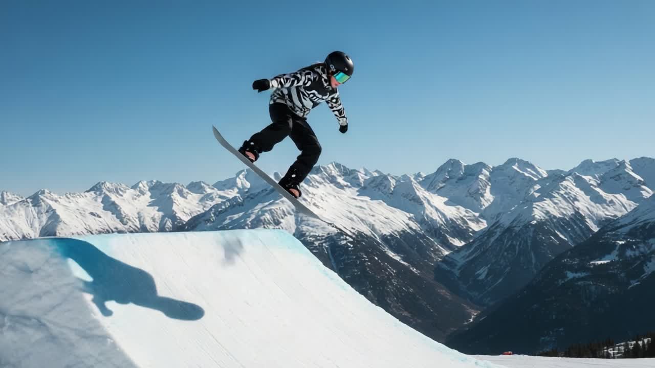 Snowboarder performing a jump in the mountains