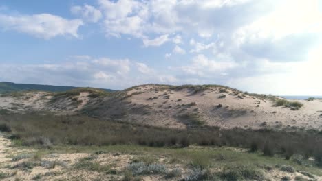 fast aerial view flying over the beach and sand dunes in los canos de meca spain