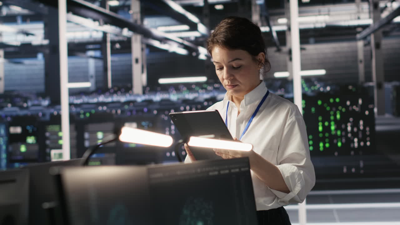 Vertical video Data center team of technicians working on neural network software development