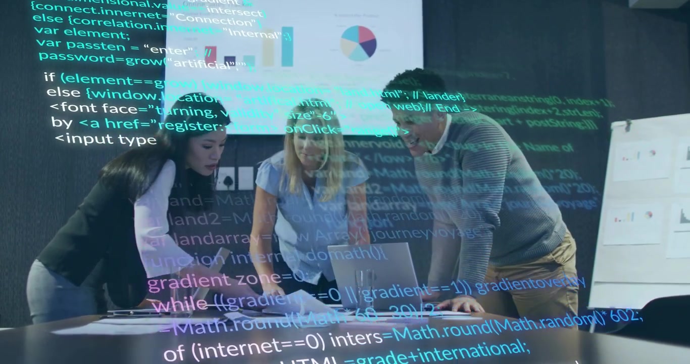 Three colleagues examining sales report at meeting while code overlay activating for data analysis
