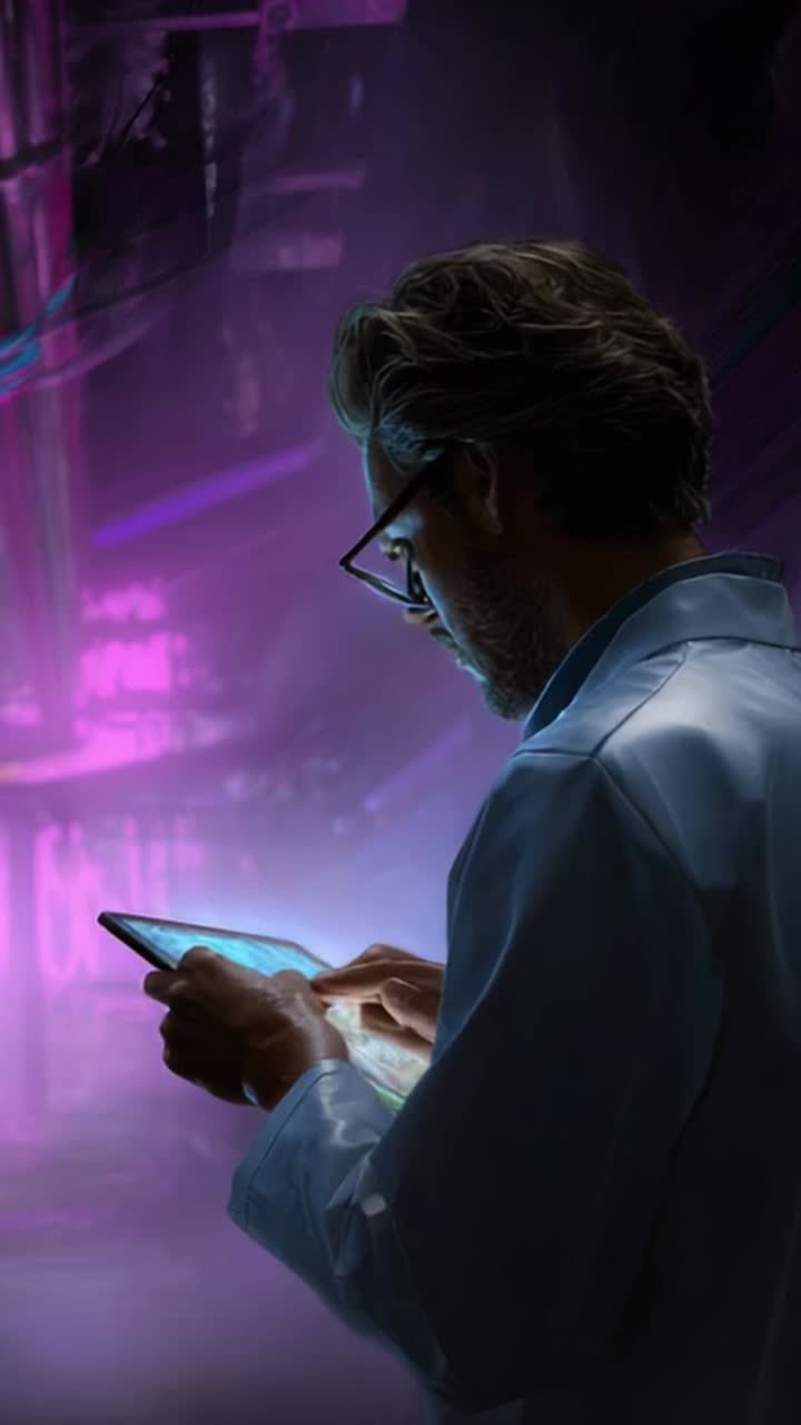 A scientist explores advanced technology and innovation through a digital device, illuminated by a futuristic glow amid an otherworldly lab environment