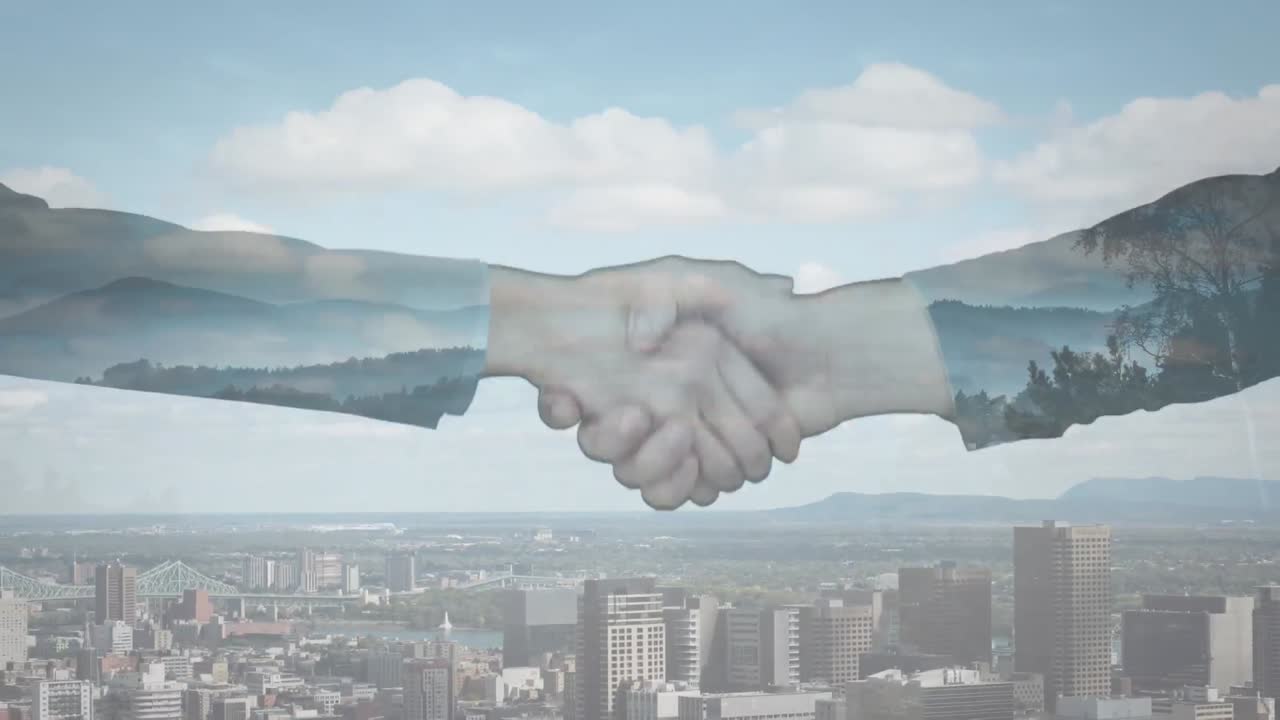 animación de un hombre de negocios apretando la mano sobre el paisaje urbano
