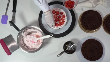 chef placing sliced strawberries on layer of cake that already has some cream on top.