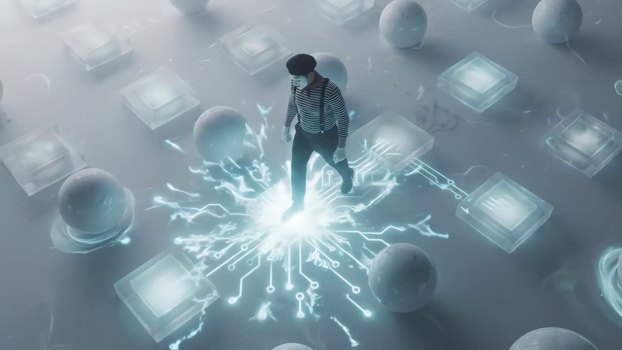Mim procházející futuristickou digitální sítí se zářícími obvody