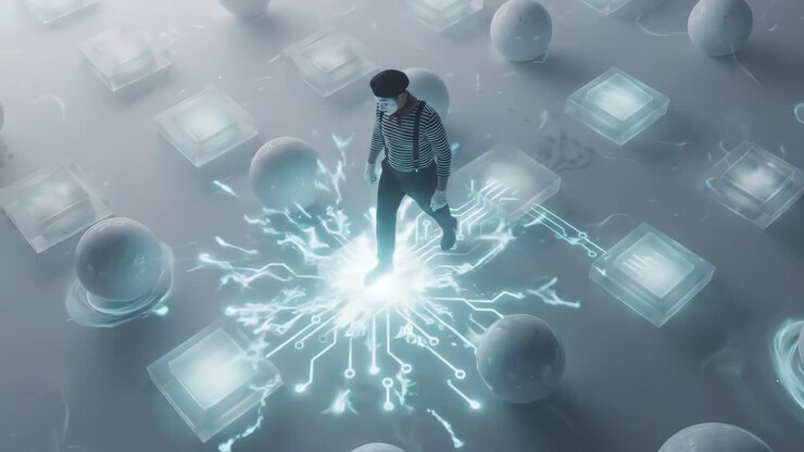 Mime navigerer et futuristisk digitalt nett med glødende kretser