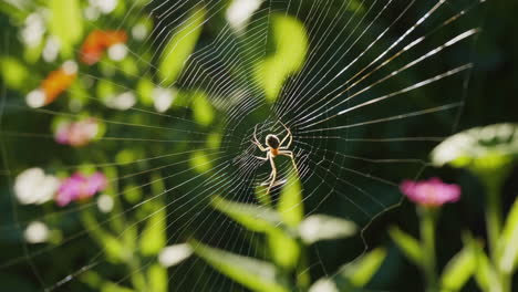 spider in its web, surrounded by flowers