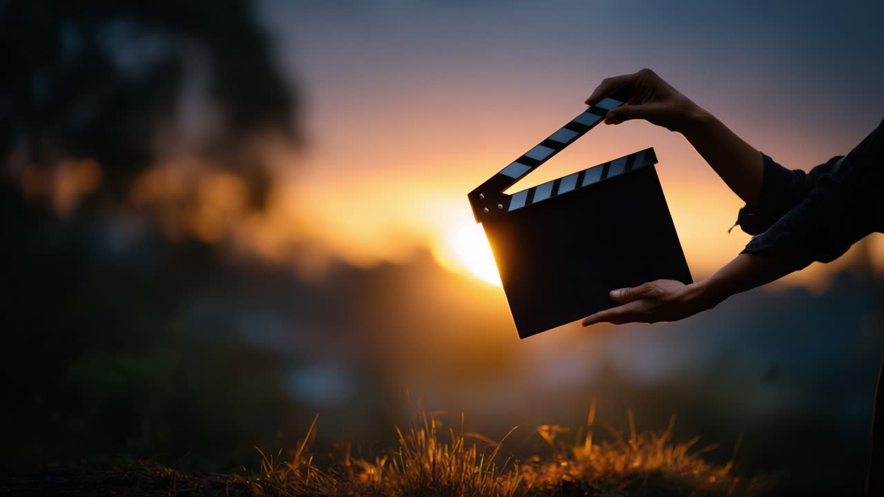 A filmmaker's moment captured as the sun sets on the horizon, showcasing a clapperboard held in hand, symbolizing the art of cinema and storytelling