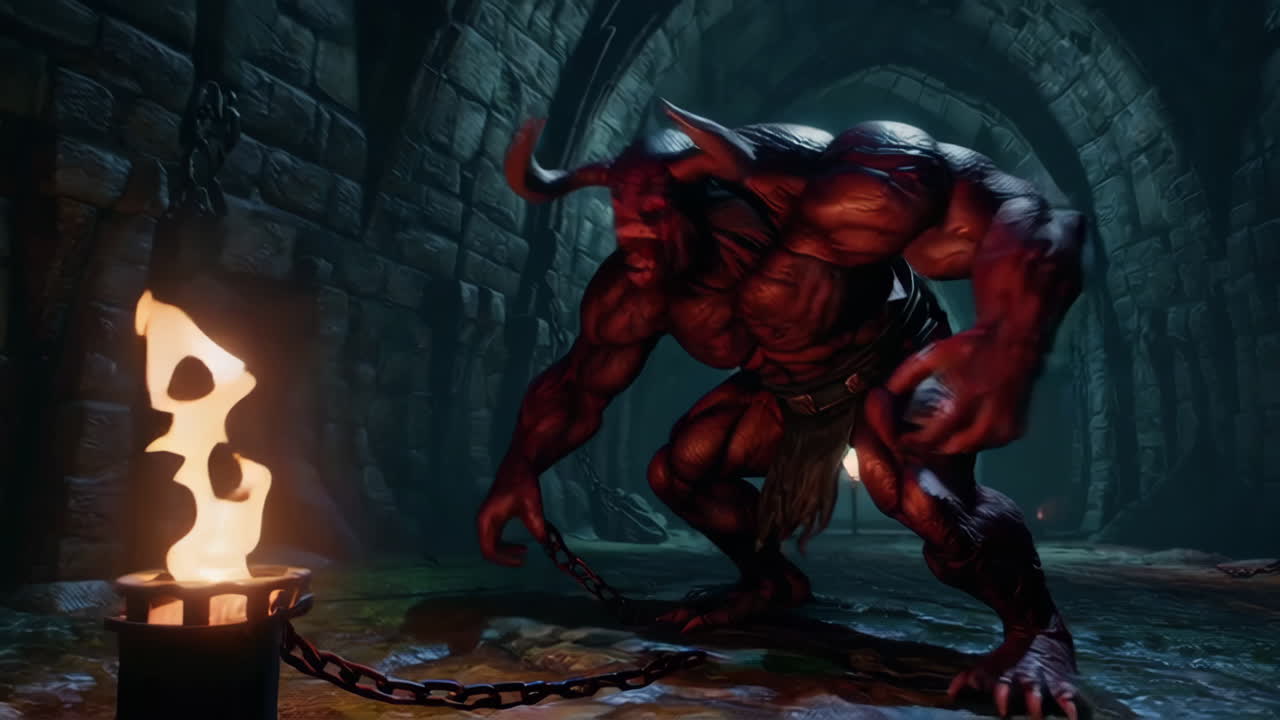 Powerful chained demon in a dark dungeon