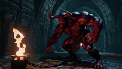 powerful chained demon in a dark dungeon