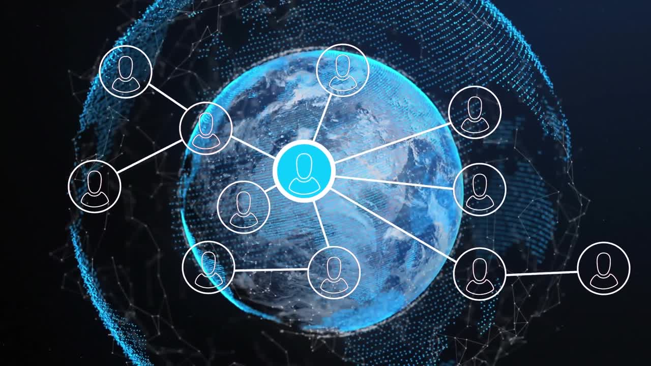 파란색 배경에 회전하는 지구 위의 프로필 아이콘 네트워크의 애니메이션