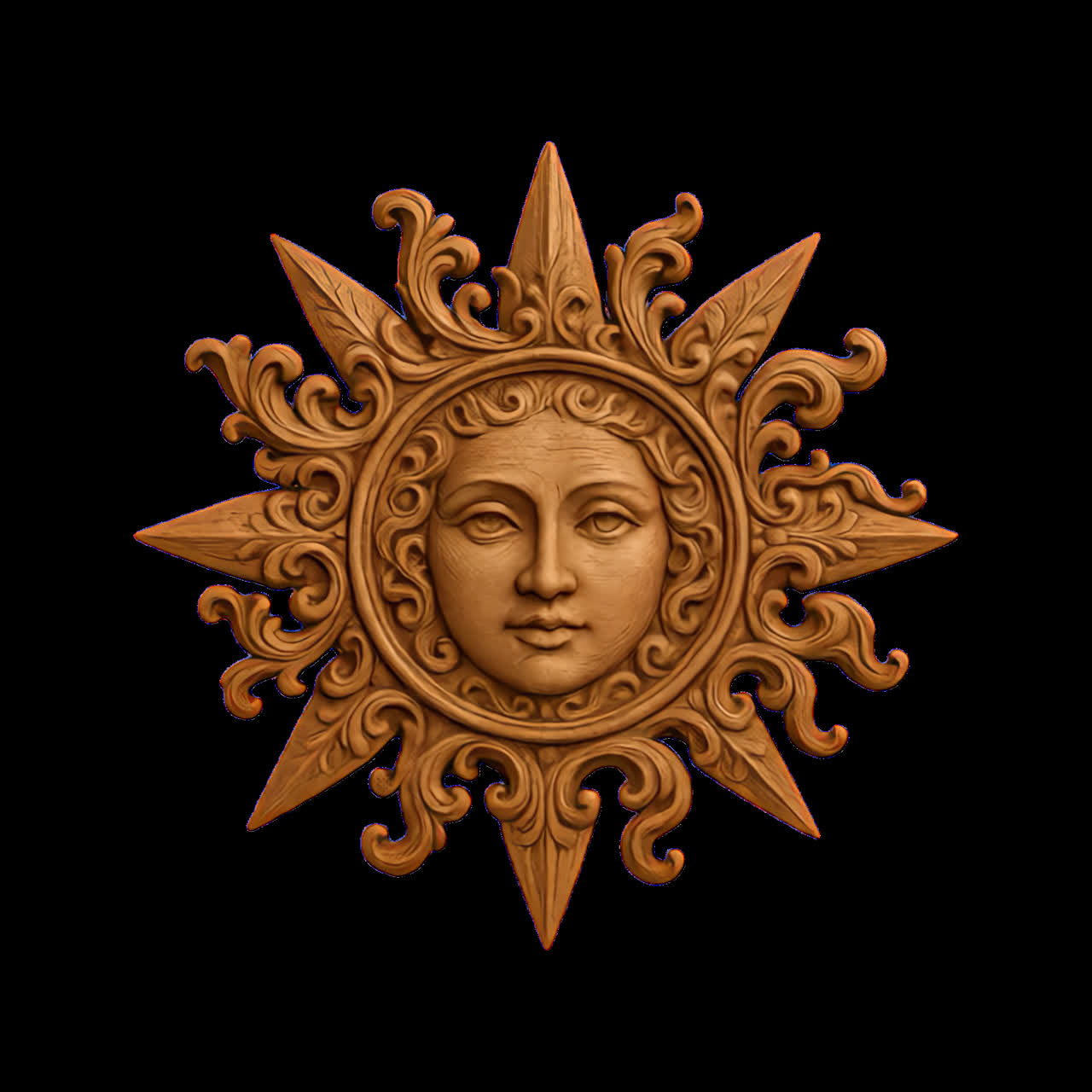 Intricate sun face carving design animation isolated asset, transparent 4K video, alpha channel