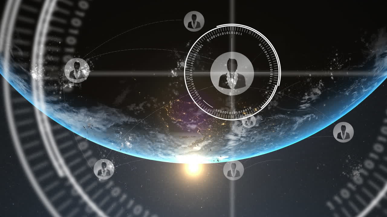 Animation of network of connections with people icons and scope scanning over globe