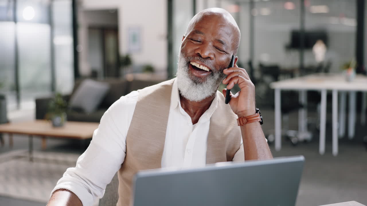 CEO, phone call or laughing senior businessman