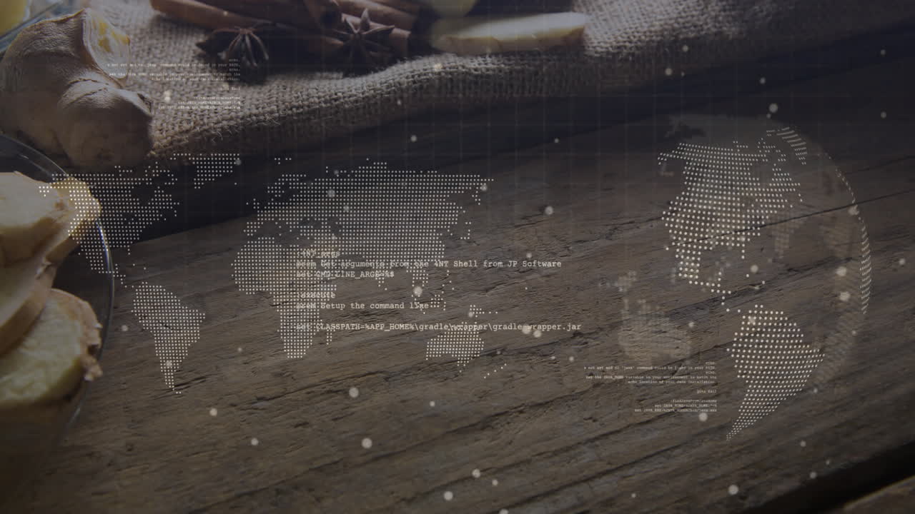 Spice cluster floating on burlap cloth while digital code snippets blending with dotted world map