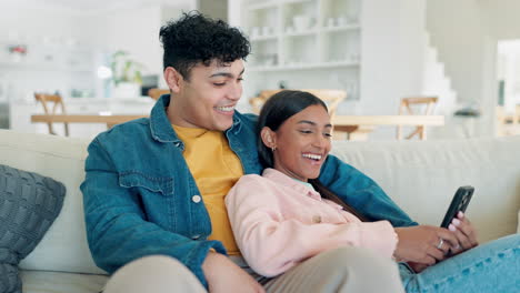 Phone,-happy-and-couple-talking-in-home-living