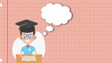 animation of cartoon of boy wearing mortarboard and reading book with dialogue box over grid pattern