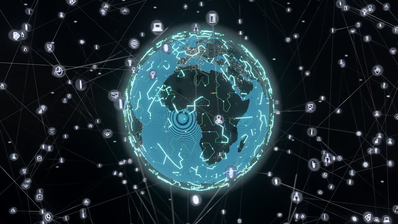 Animation of glowing blue mesh of connections with icons over globe on black background