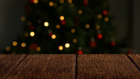 primer plano de madera con fondo de navidad de árbol y luces