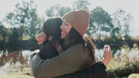 Women-with-love,-nature-and-camping-with-hug