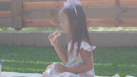 a mother and daughter enjoy a summer picnic outdoors on a grassy lawn, sharing pizza and spending quality time together on a sunny day. the family bonding scene reflects leisure and relaxation.