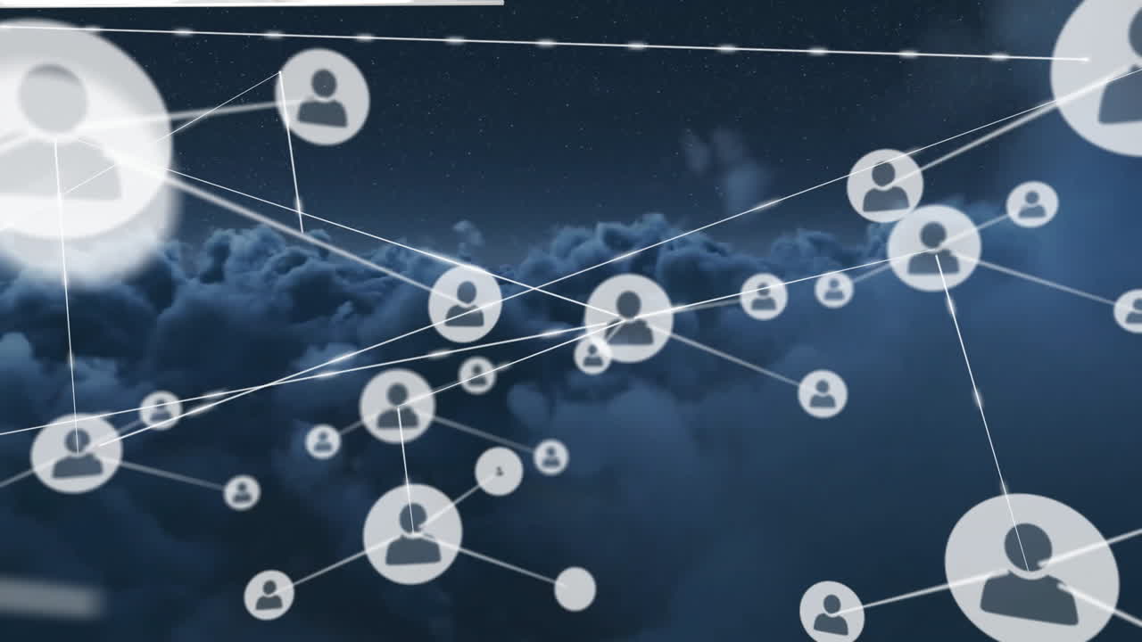 Animazione di rete di connessioni con icone su nuvole