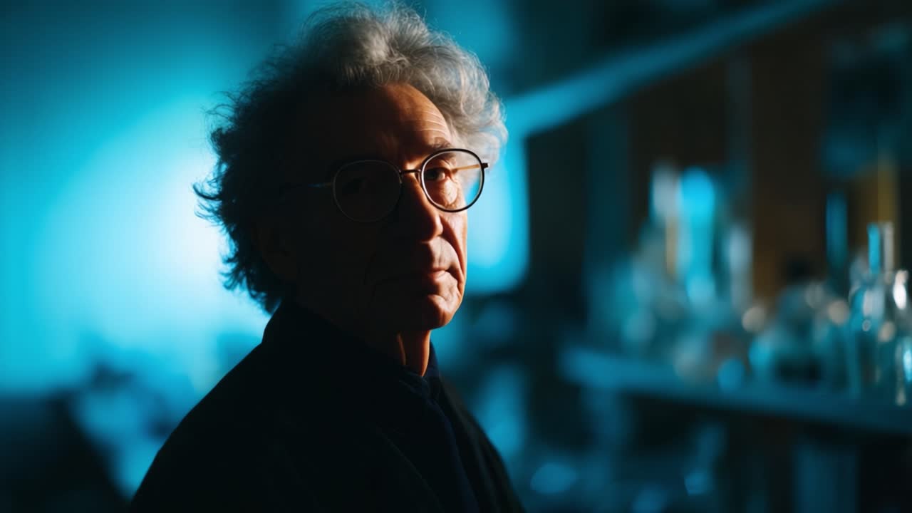 A thoughtful scientist in a mysterious laboratory, characterized by dramatic lighting and a contemplative expression, surrounded by scientific equipment and glassware