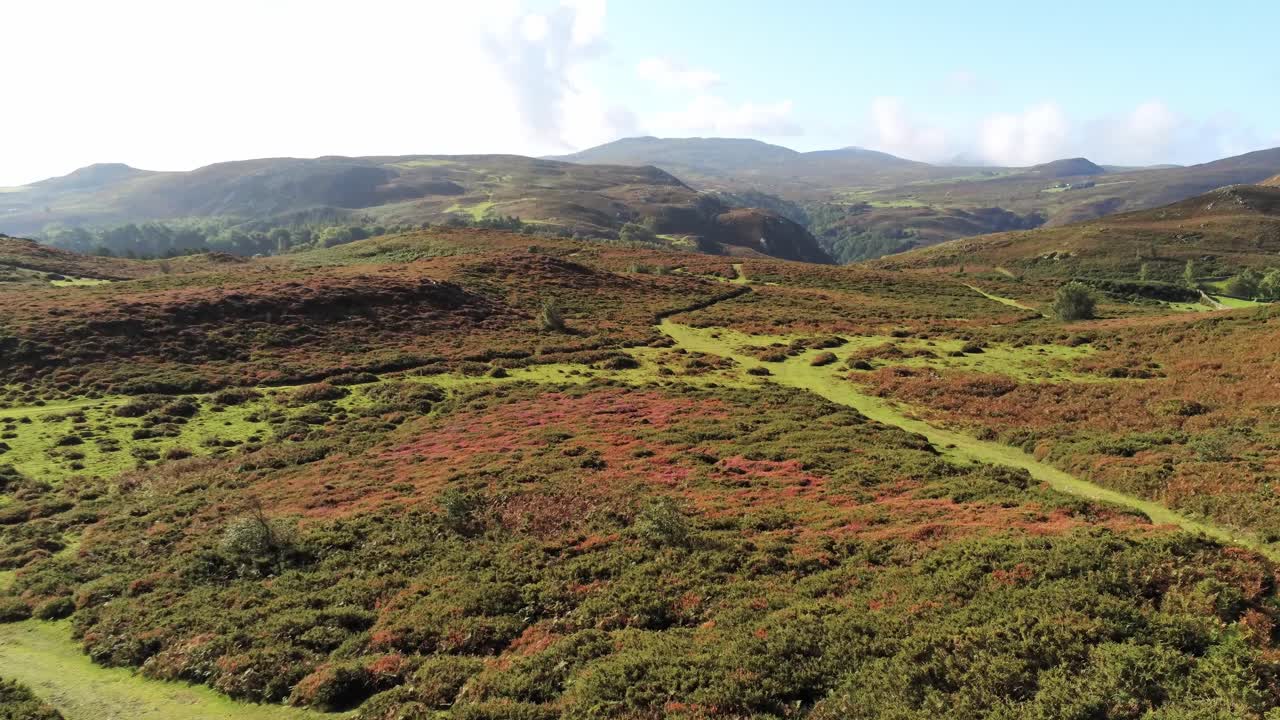 vista aérea rural colorido brezo accidentado galés montaña valle campo