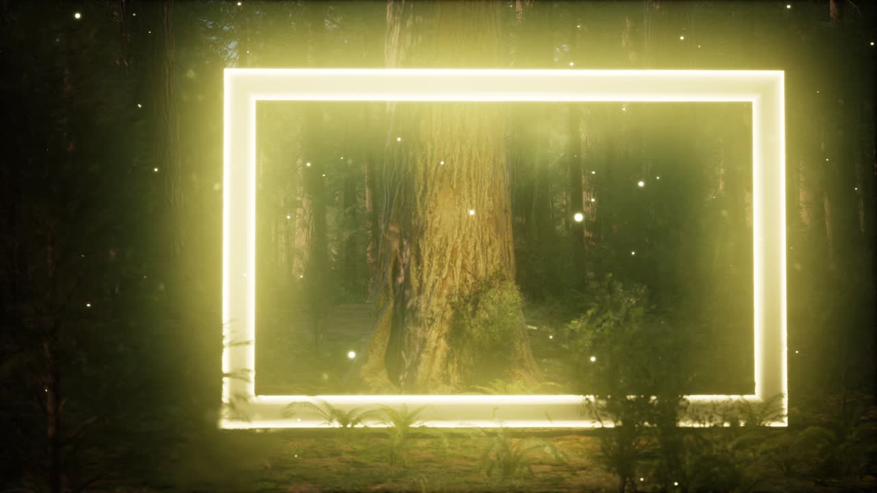 marco rectangular brillante de neón en el bosque nocturno