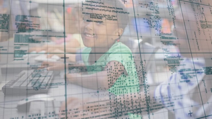 Animation of data processing over portrait of african american girl using computer smiling at school