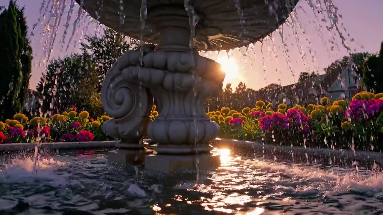 Fontana in pietra in un giardino al tramonto