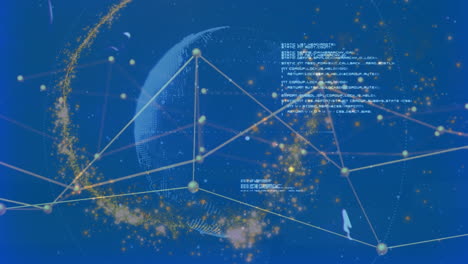 animation of network of connections and data processing over globe on blue background