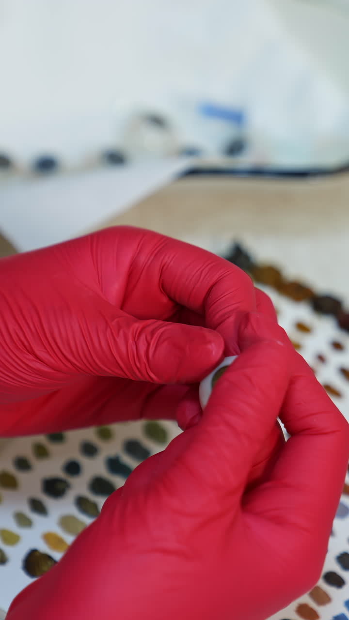 Artificial eye in doctor's hands. Medical specialist in latex gloves holding eye prosthesis on paints background. Vertical video